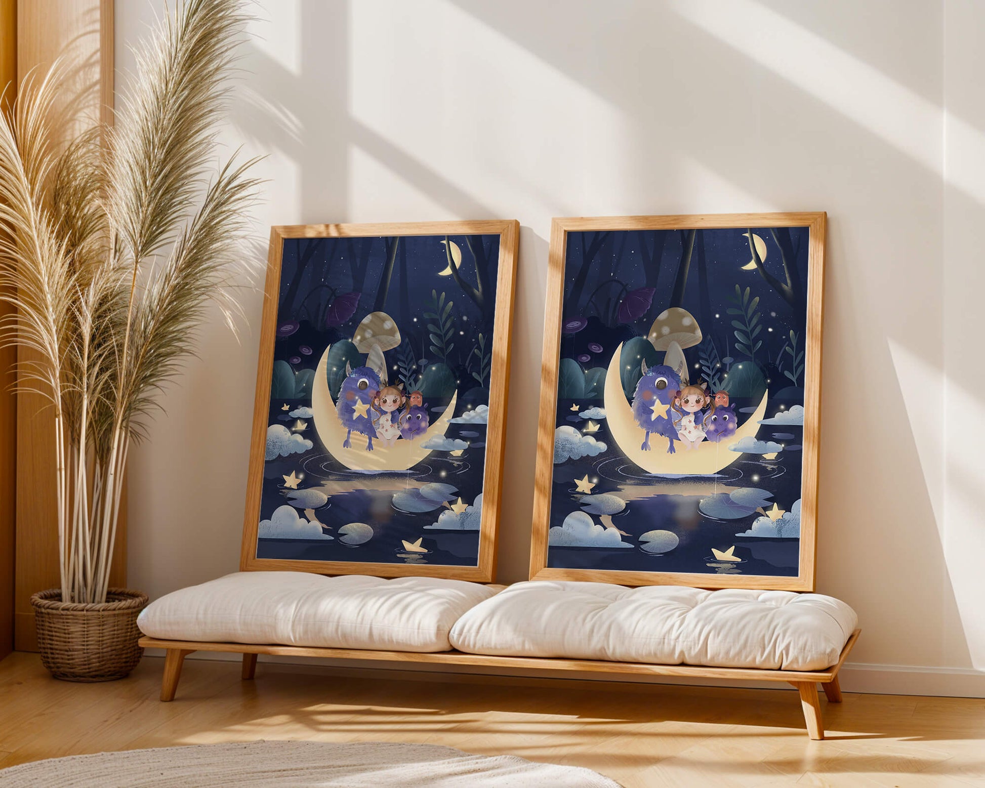 Dreamy night scene with a child and friendly monsters on a crescent moon
