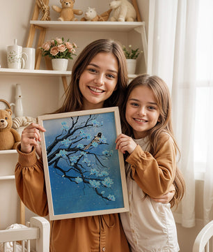 Blue Blossoms on Branch with Bird in Winter Scene