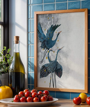 Elegante blaue Kraniche vor einem ruhigen abstrakten Hintergrund mit goldenen Akzenten