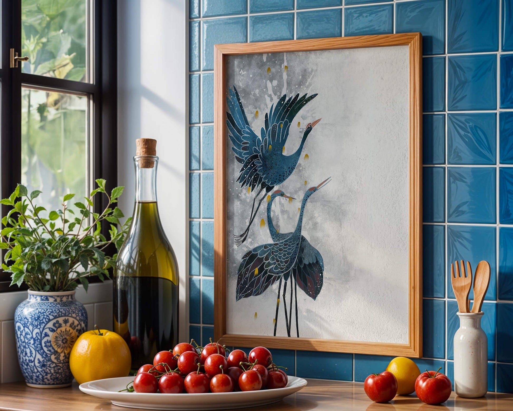 Elegante blaue Kraniche vor einem ruhigen abstrakten Hintergrund mit goldenen Akzenten