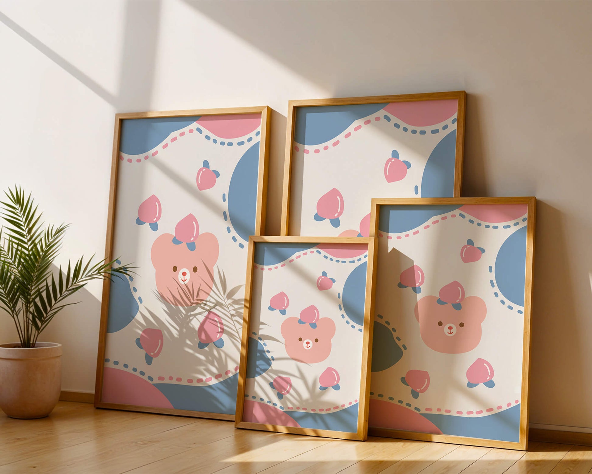 Adorable pastel bear with peaches and dotted background