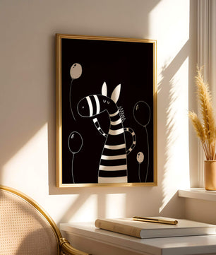 Cebra juguetona con globos en arte minimalista en blanco y negro