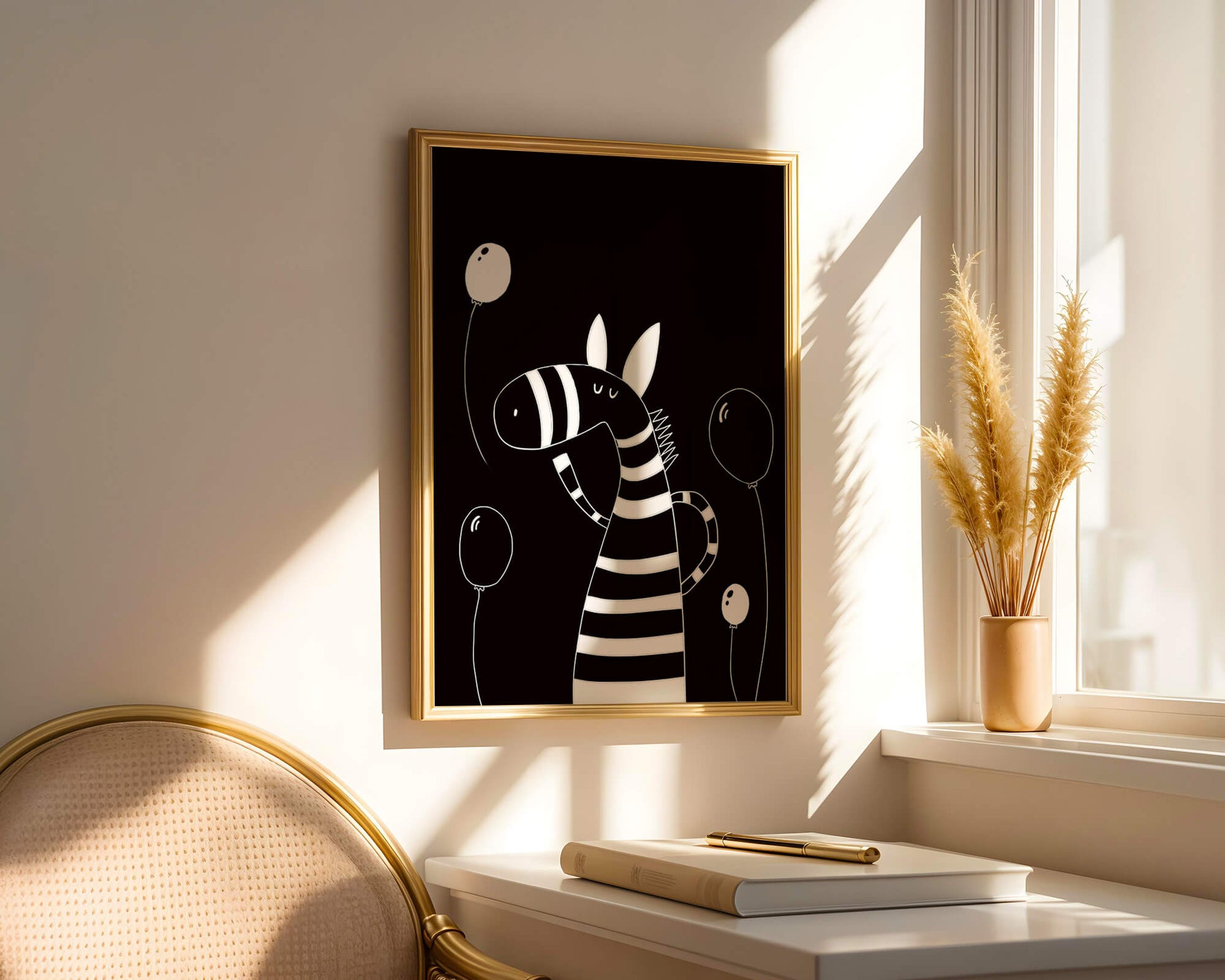 Cebra juguetona con globos en arte minimalista en blanco y negro