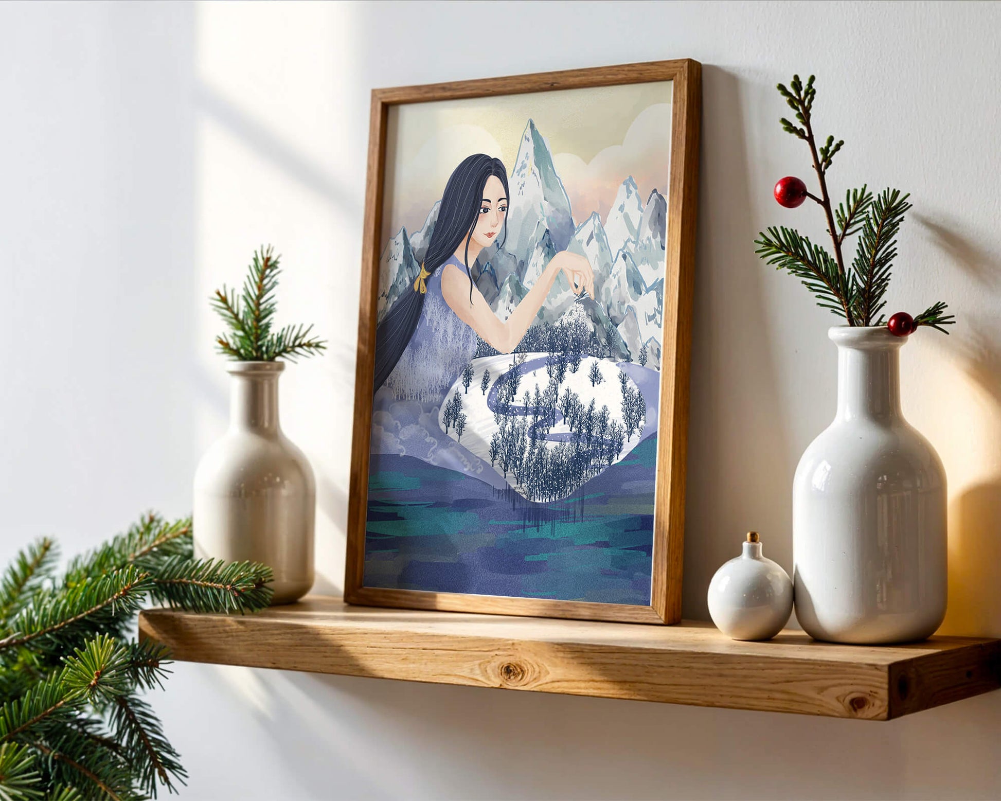 Majestic Woman Overlooking Snowy Mountain Landscape