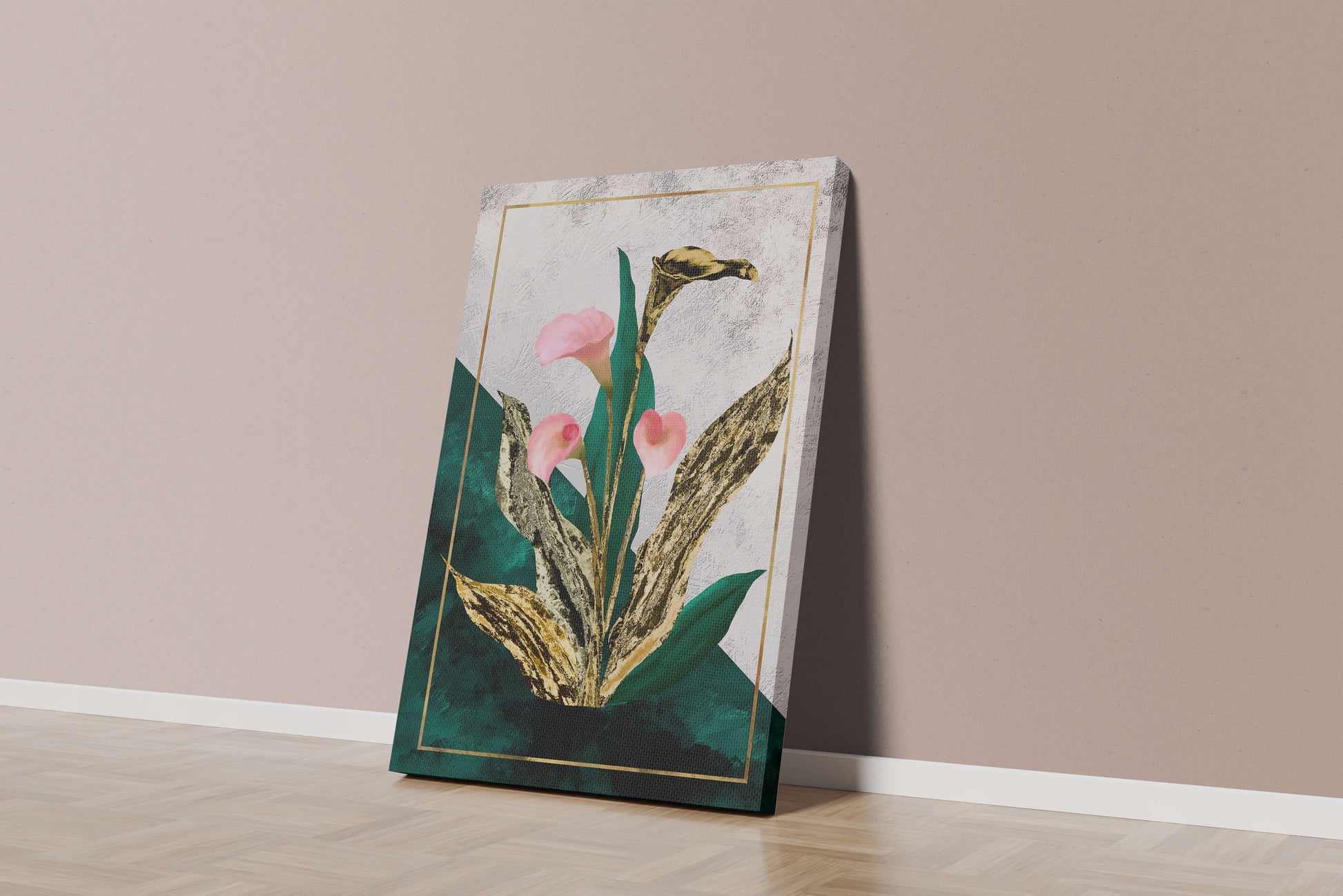 Abstrakte botanische Kunst mit rosa Calla-Lilien und goldenen Blättern