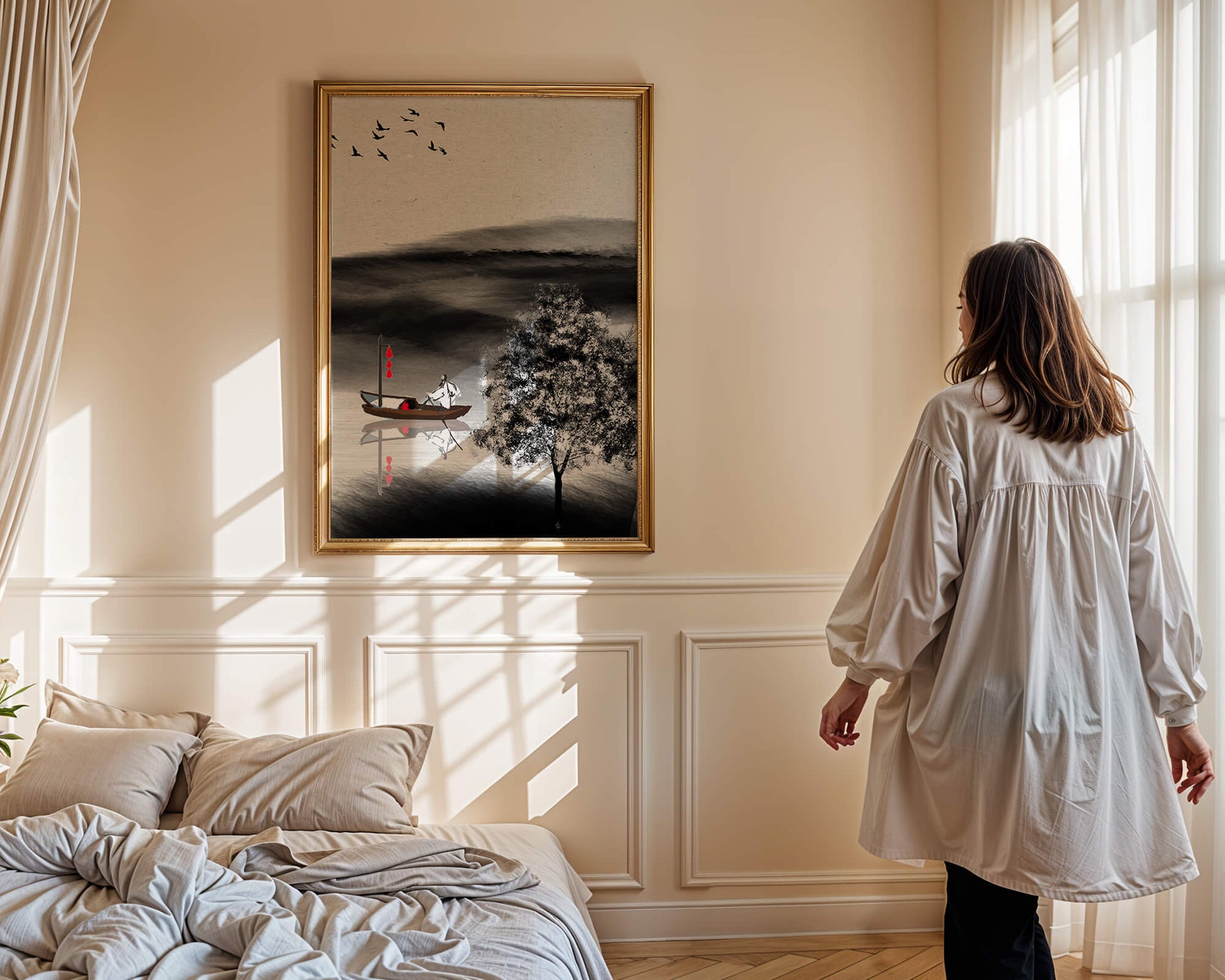 Tranquilo viaje en barco en un paisaje sereno con pájaros y árbol