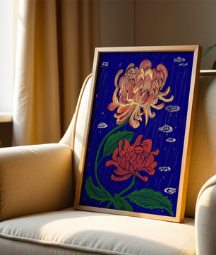 Colorful chrysanthemum illustration on dark blue background