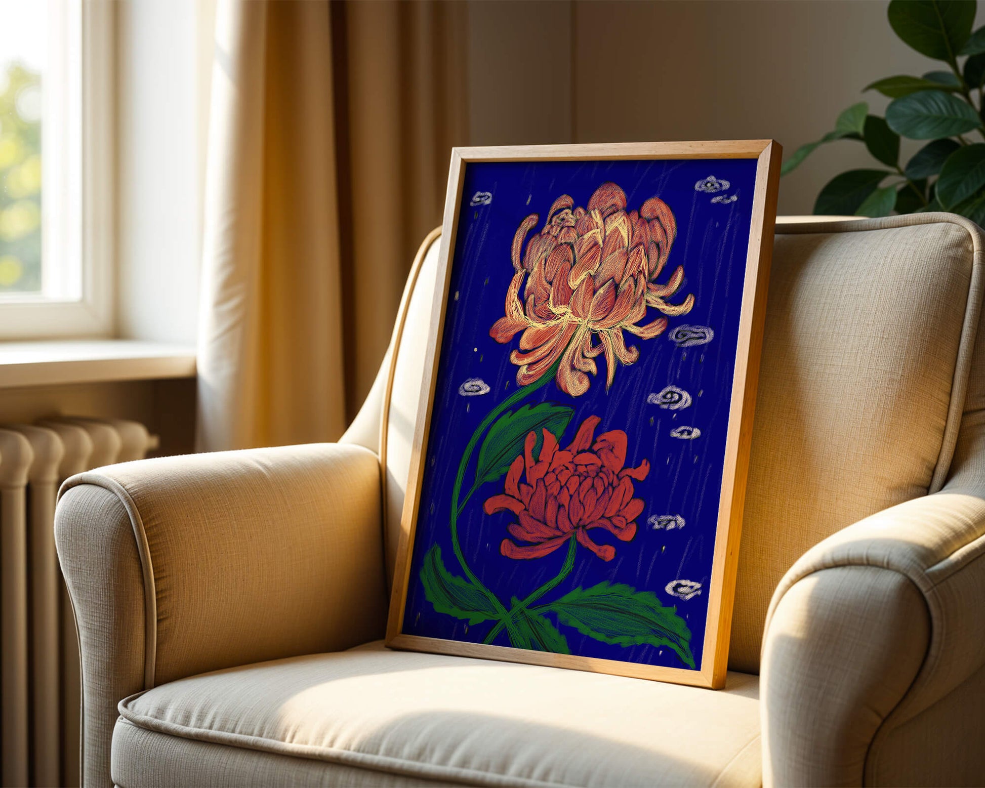Colorful chrysanthemum illustration on dark blue background