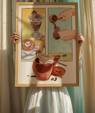Ilustración artística de café y postre con detalles dorados