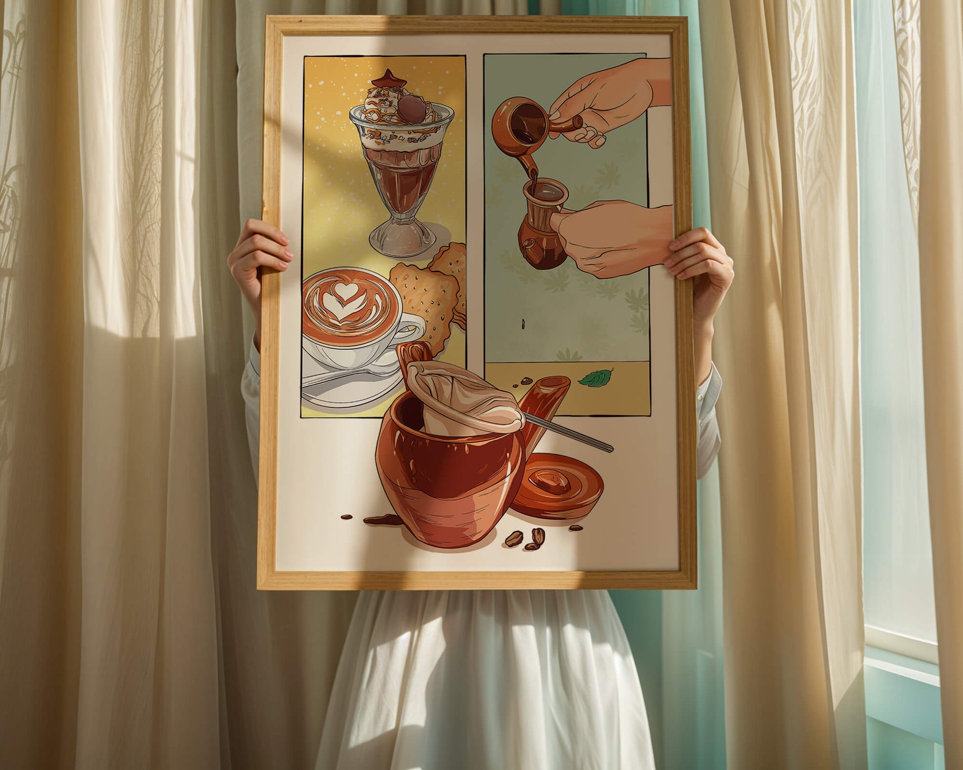 Ilustración artística de café y postre con detalles dorados