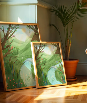 Serene Landscape with Birds and River under Sunny Sky