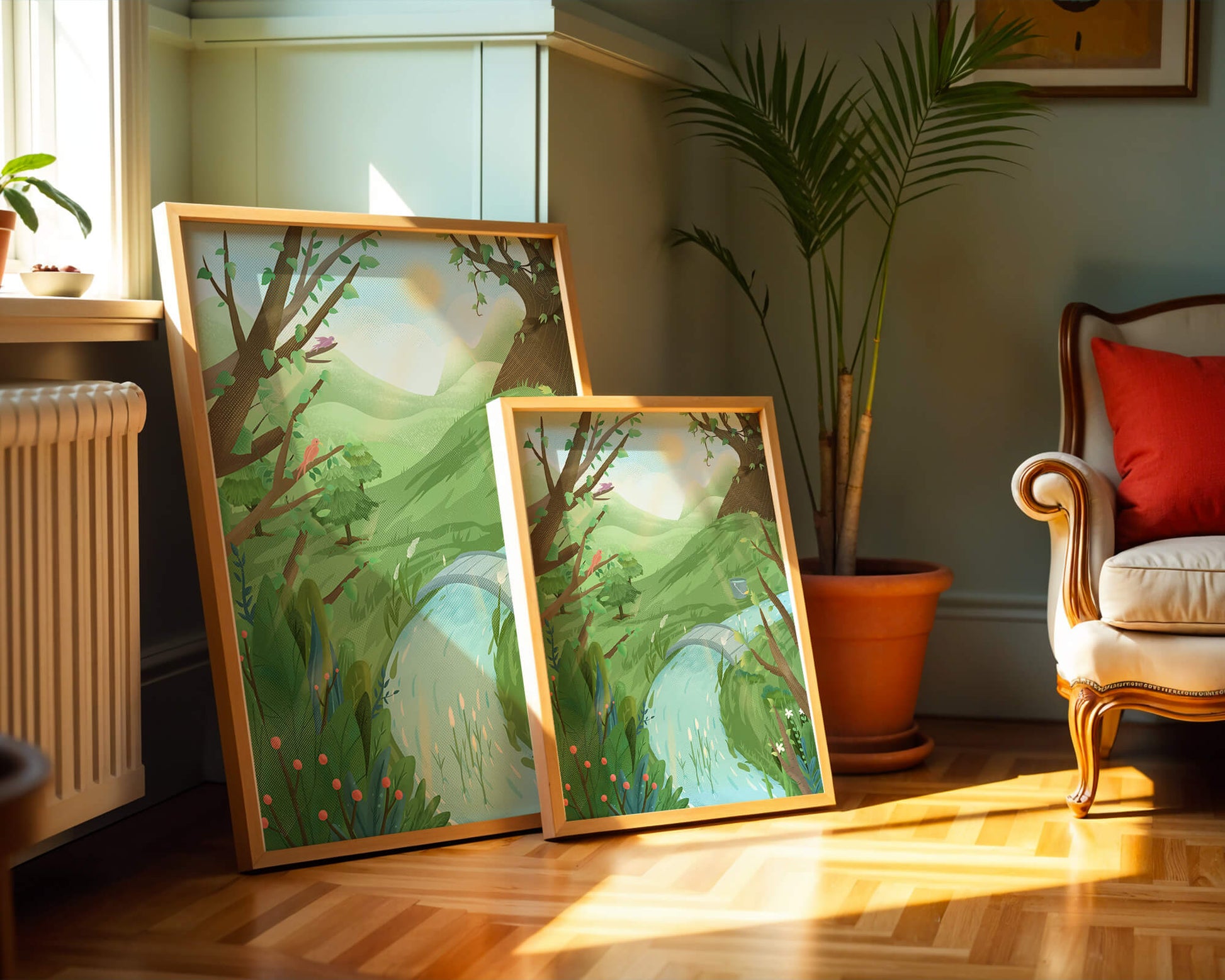 Paisaje sereno con aves y río bajo un cielo soleado