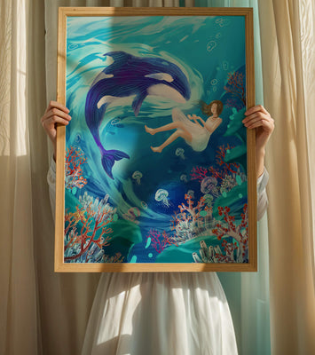 Underwater fantasy scene with a playful whale and a girl floating amidst coral and jellyfish