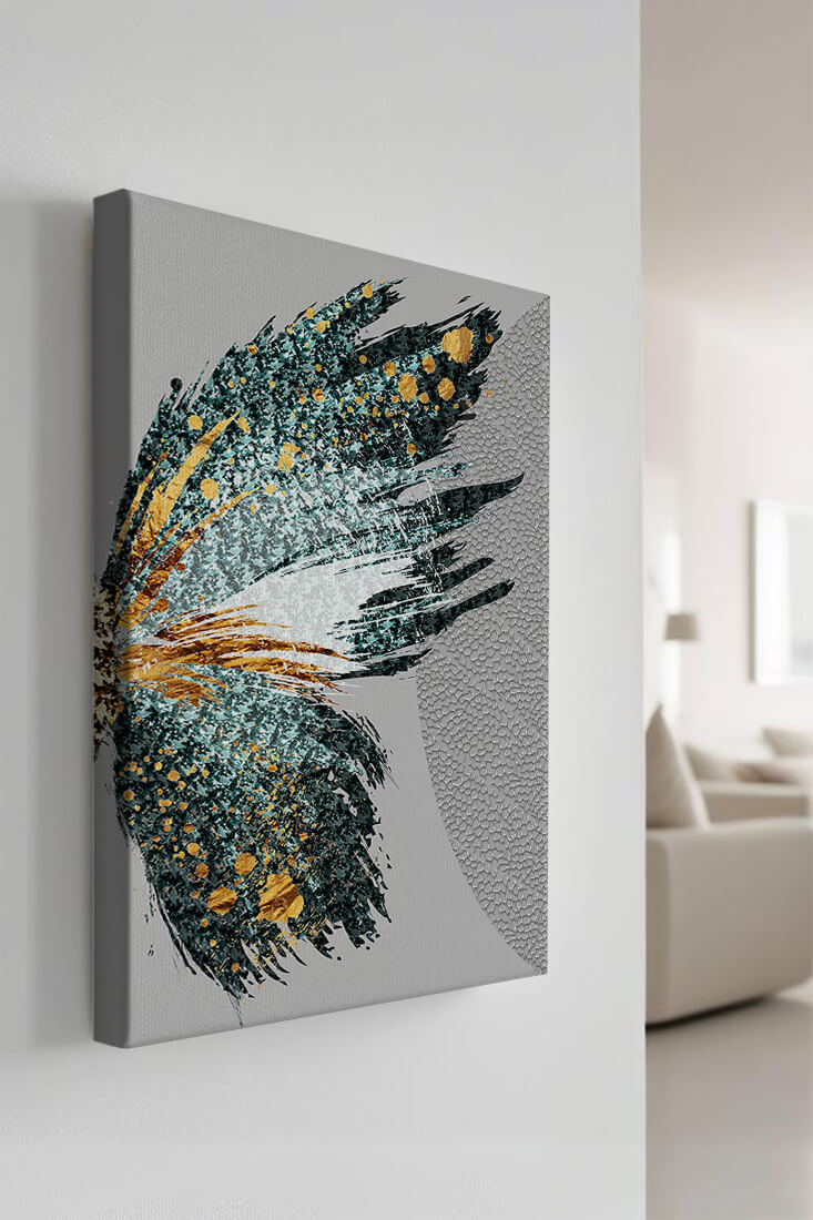 Ala de mariposa abstracta con detalles turquesa y dorados