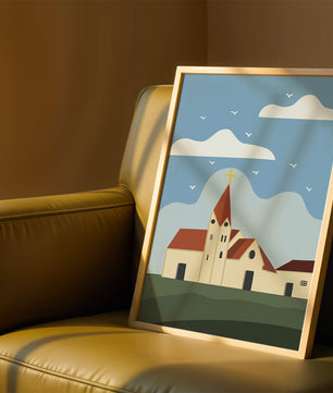 Idyllic Church Landscape with Golden Cross and Blue Sky