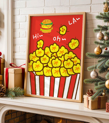 Playful illustration of popcorn and burger characters on a red background
