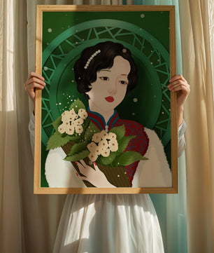 Elegant portrait of a woman with a bouquet of roses on a green abstract background