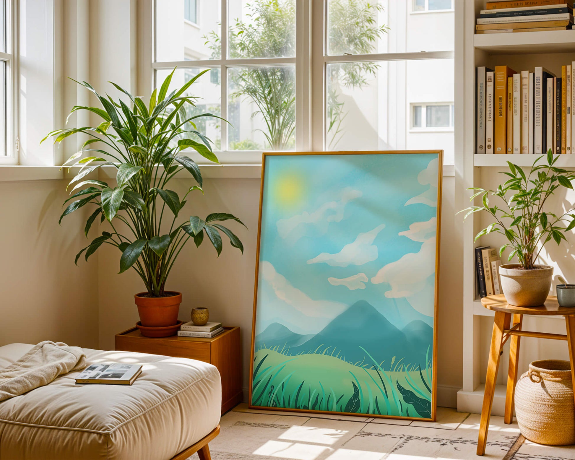 Sunny Day Overlooking a Mountain Landscape with Rolling Hills and Blue Sky
