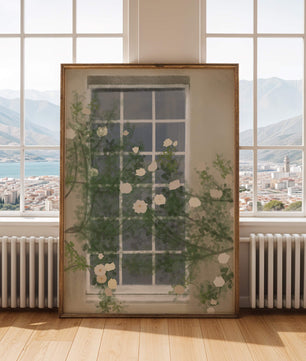 Floral Window with Climbing Roses in a Tranquil Setting