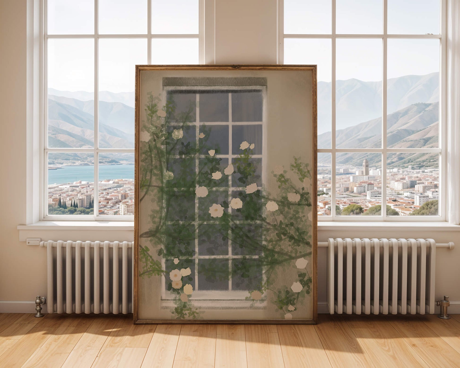 Floral Window with Climbing Roses in a Tranquil Setting