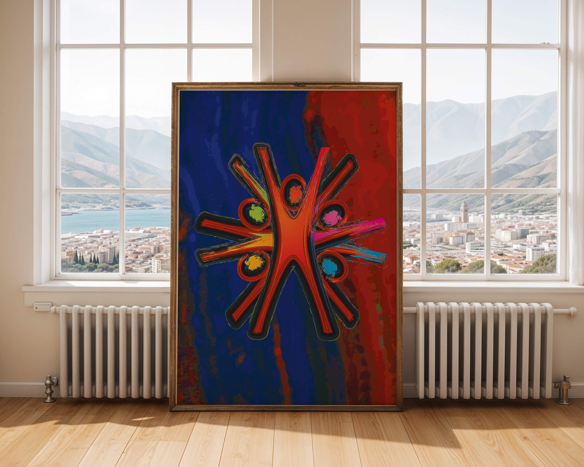 Abstract art with dynamic figures and vibrant colors