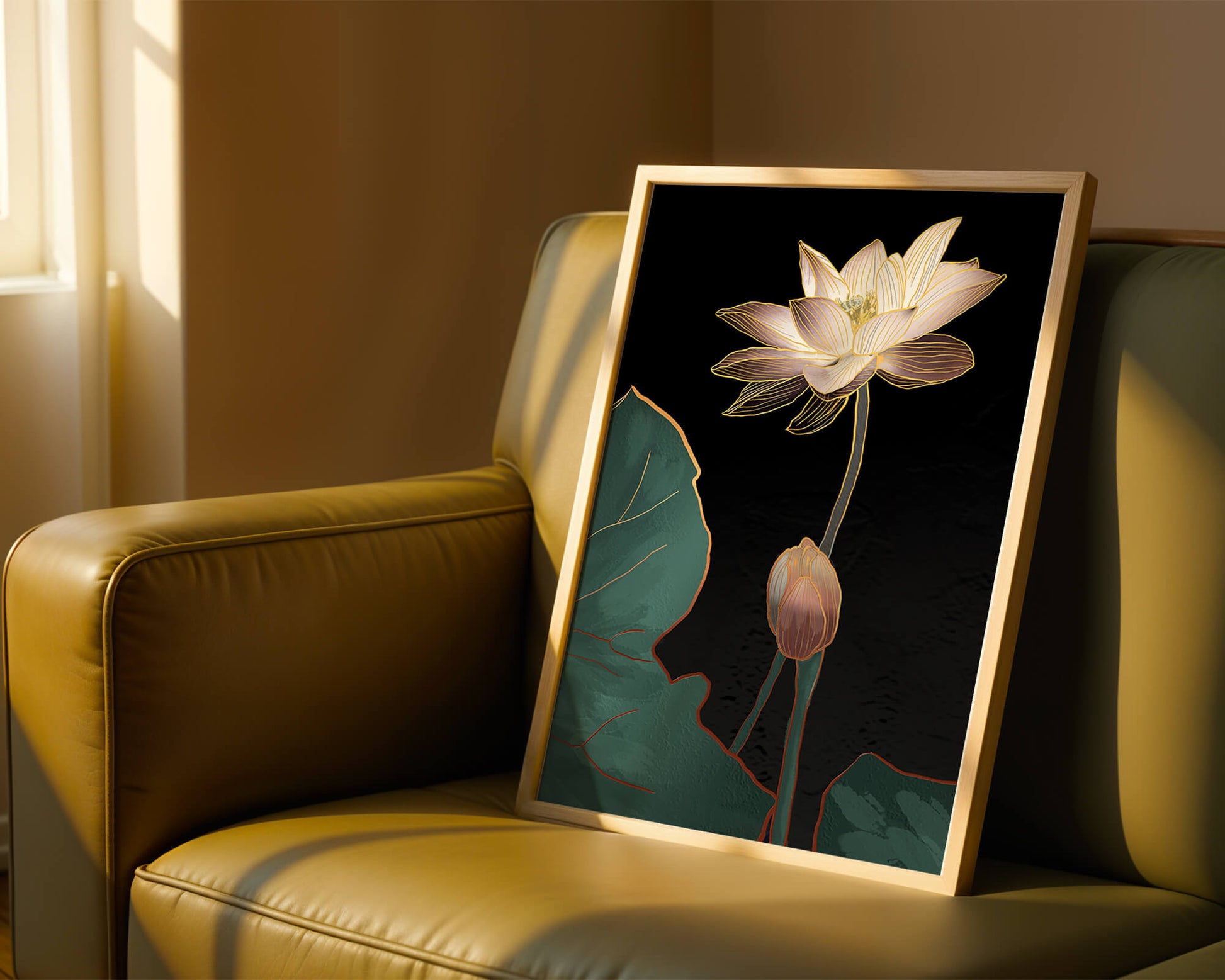 Flor de loto con acentos dorados sobre fondo oscuro.