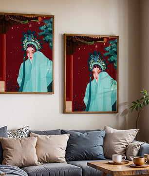 Traditional Asian art with elegant woman in traditional attire