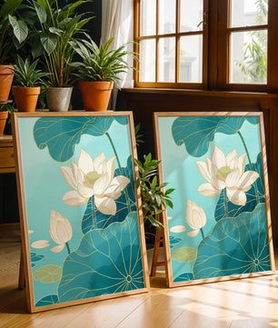 Lotus Flowers with Golden Accents on Aqua Background