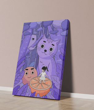 Whimsical forest scene with playful cartoon characters