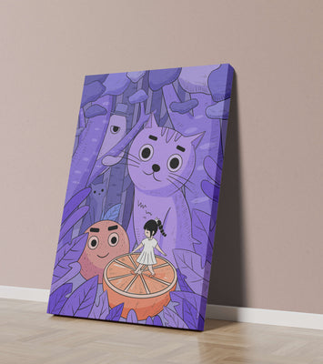 Whimsical forest scene with playful cartoon characters