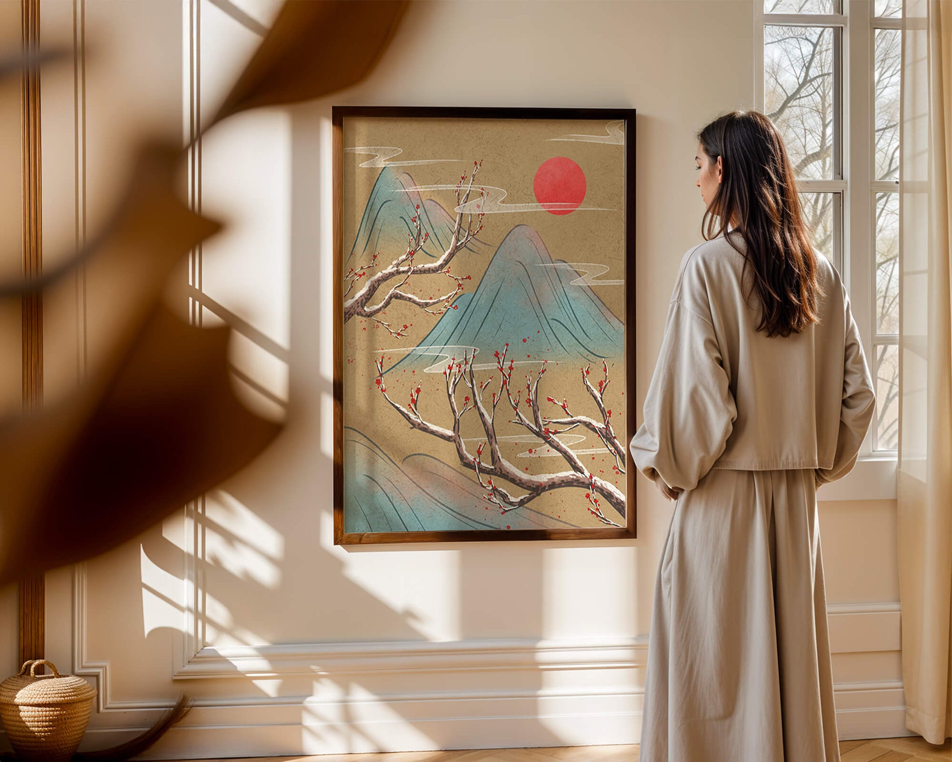 Tranquil landscape with cherry blossom and red sun