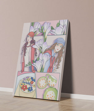 Floral shirt design with vibrant flowers and decor elements