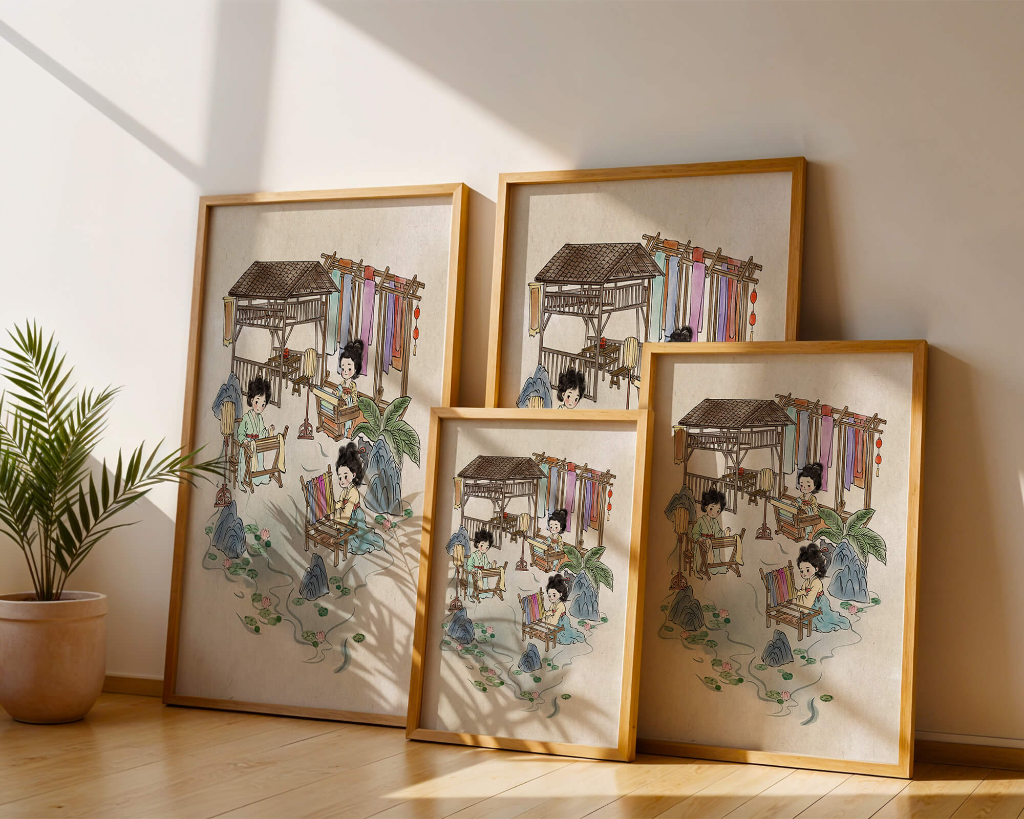 Charming illustration of traditional textile crafts in a serene setting