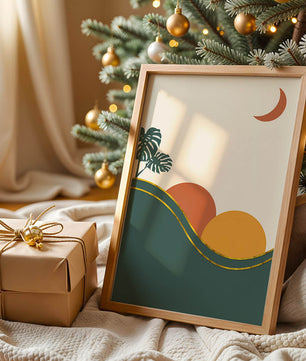 Minimalist Landscape With Mountains And Monstera Leaves At Sunset - Mi tienda