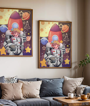 Ilustración de una chica astronauta con temática espacial