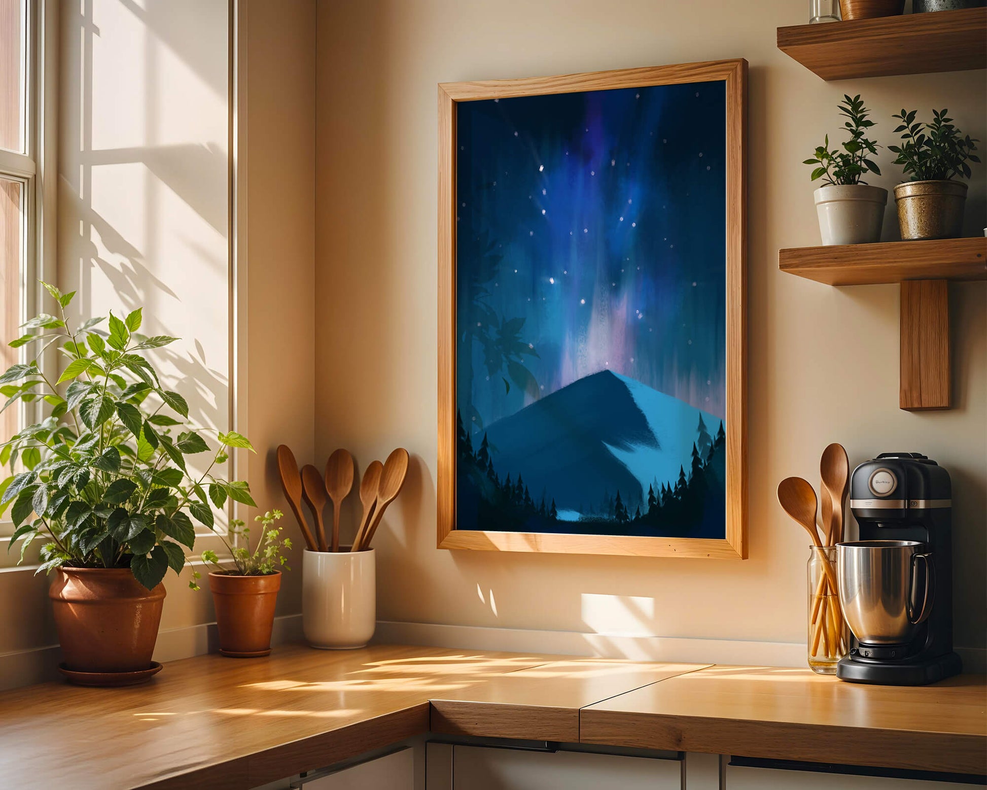 Paisaje montañoso sereno con auroras boreales y bosque oscuro