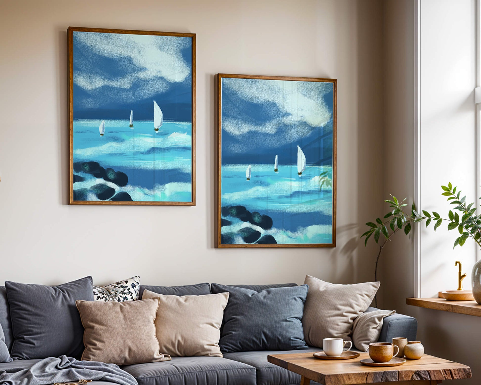 Seascape with sailboats navigating blue waves under a dramatic sky
