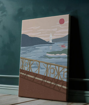 Coastal Landscape with Lighthouse and Artistic Fence at Sunset