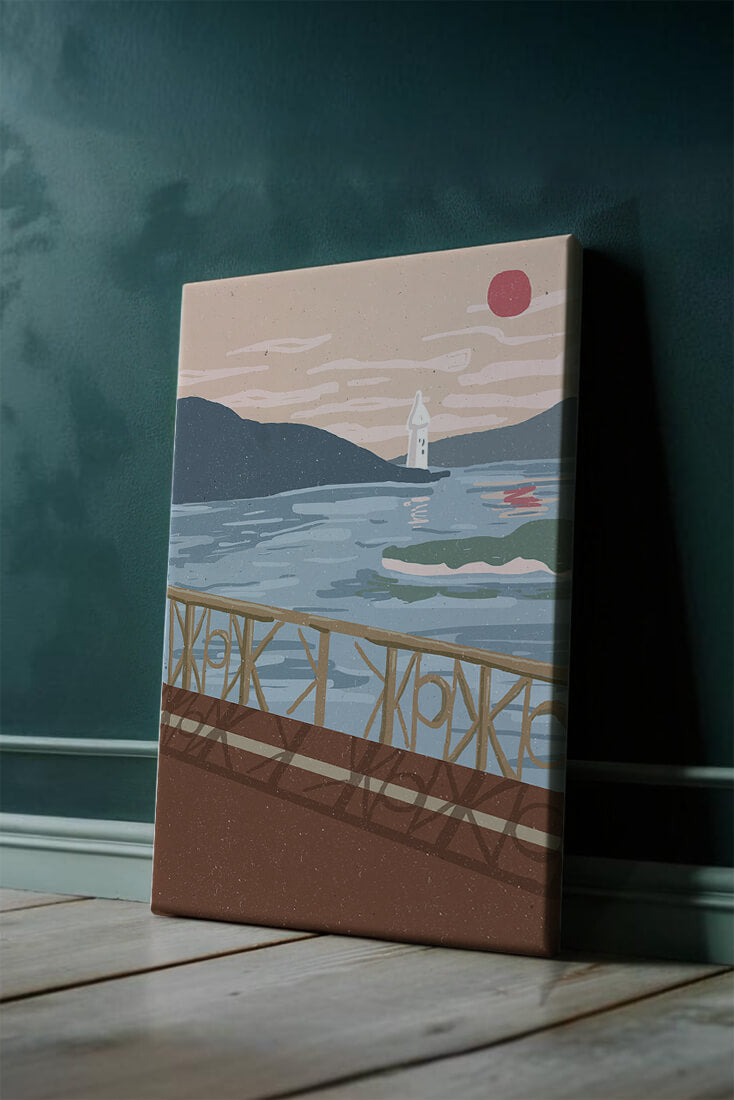 Coastal Landscape with Lighthouse and Artistic Fence at Sunset