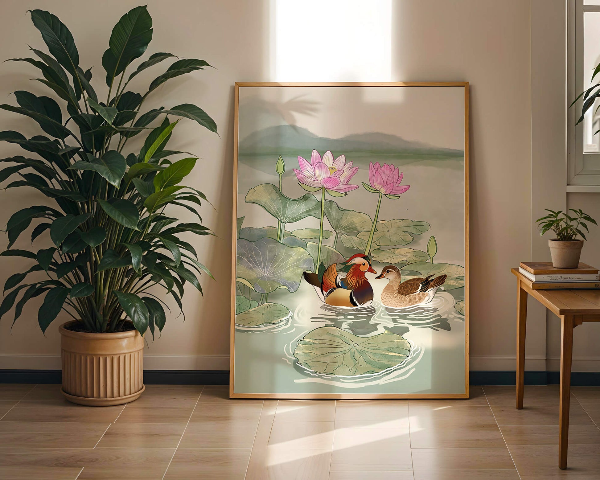 Patos mandarines y flores de loto en un estanque tranquilo