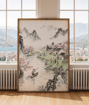 Idyllic Village Scene with Cherry Blossoms and a River