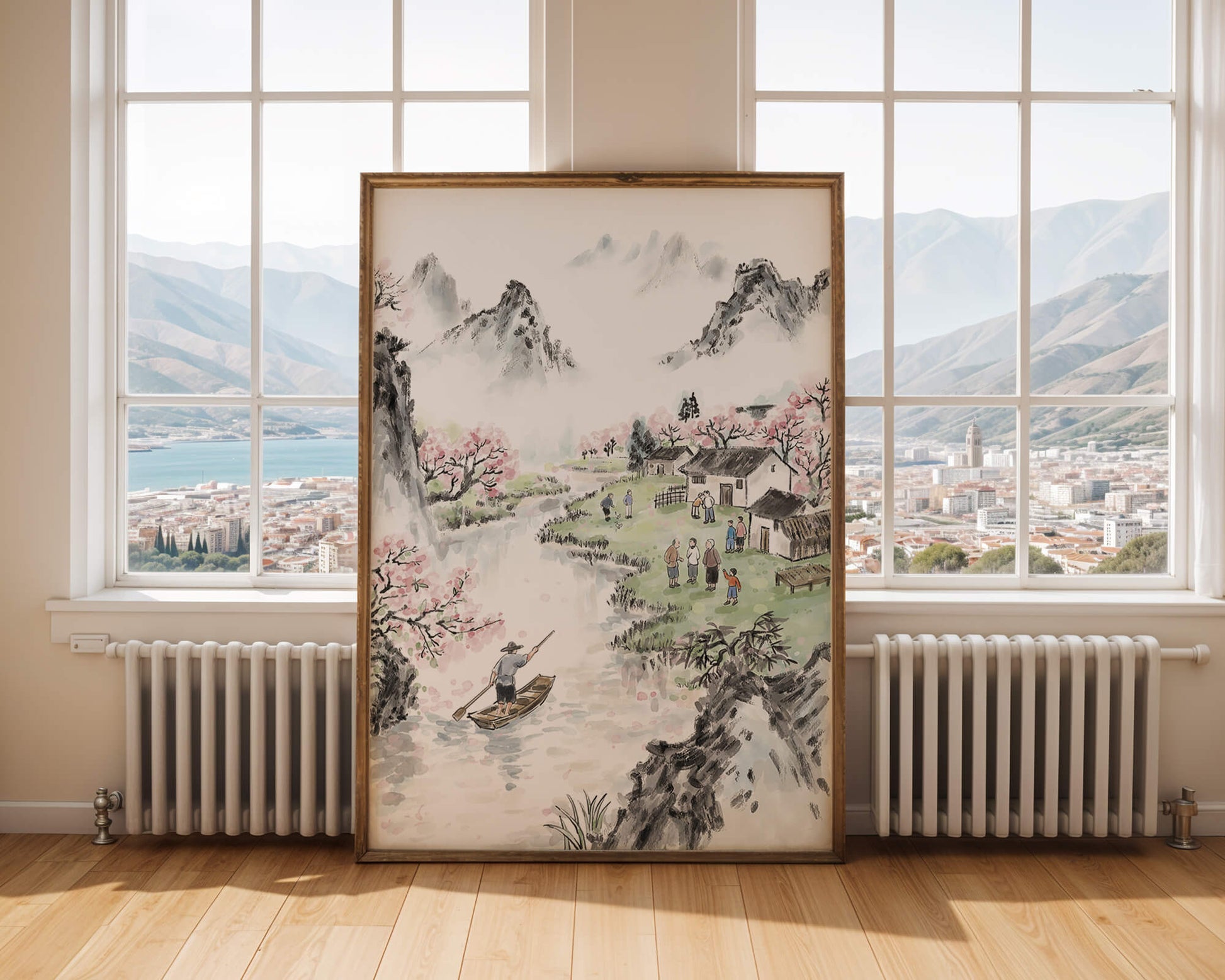 Idyllic Village Scene with Cherry Blossoms and a River