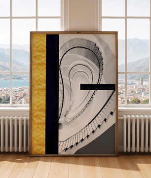 Abstract spiral staircase with a gold accent design