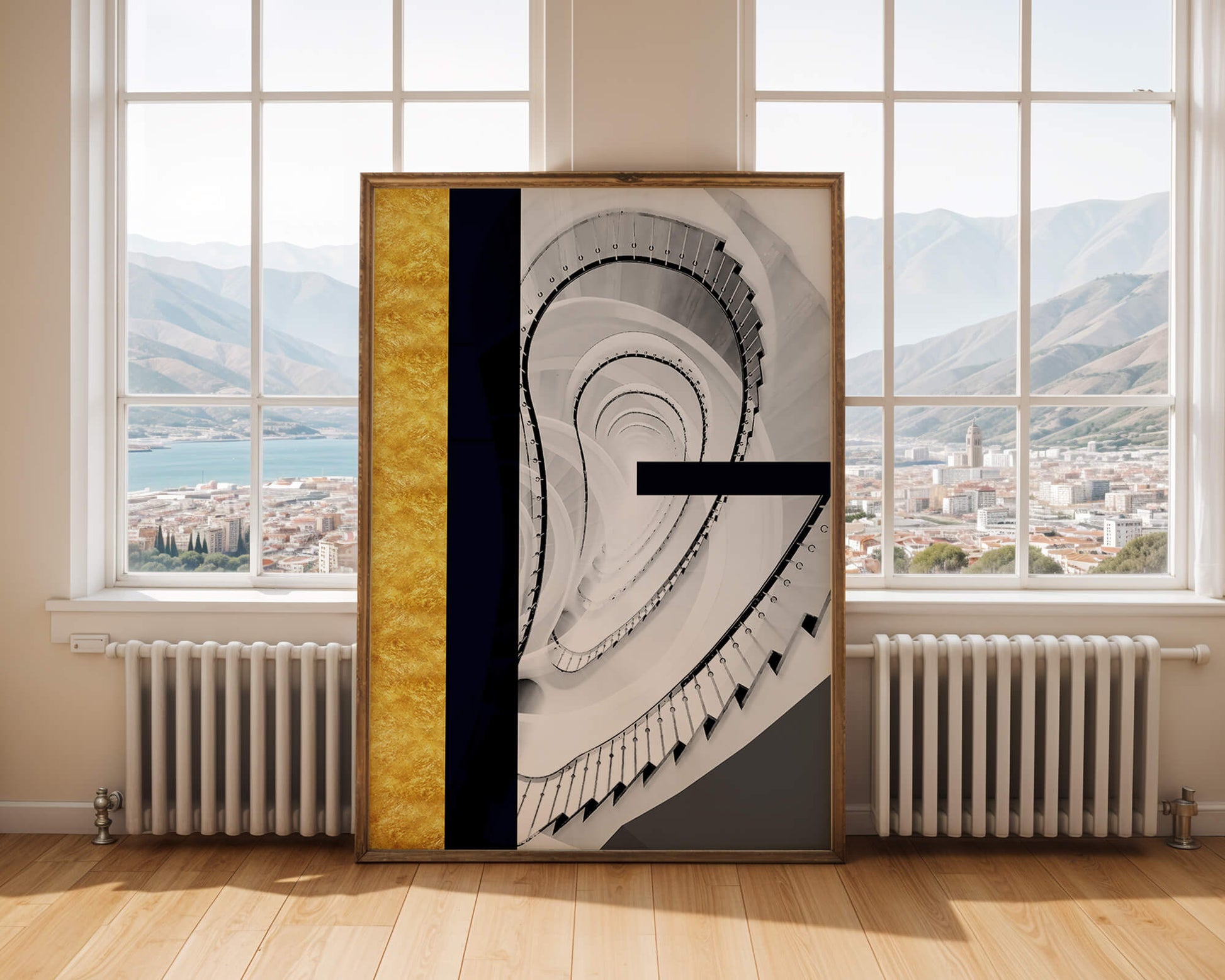 Abstract spiral staircase with a gold accent design