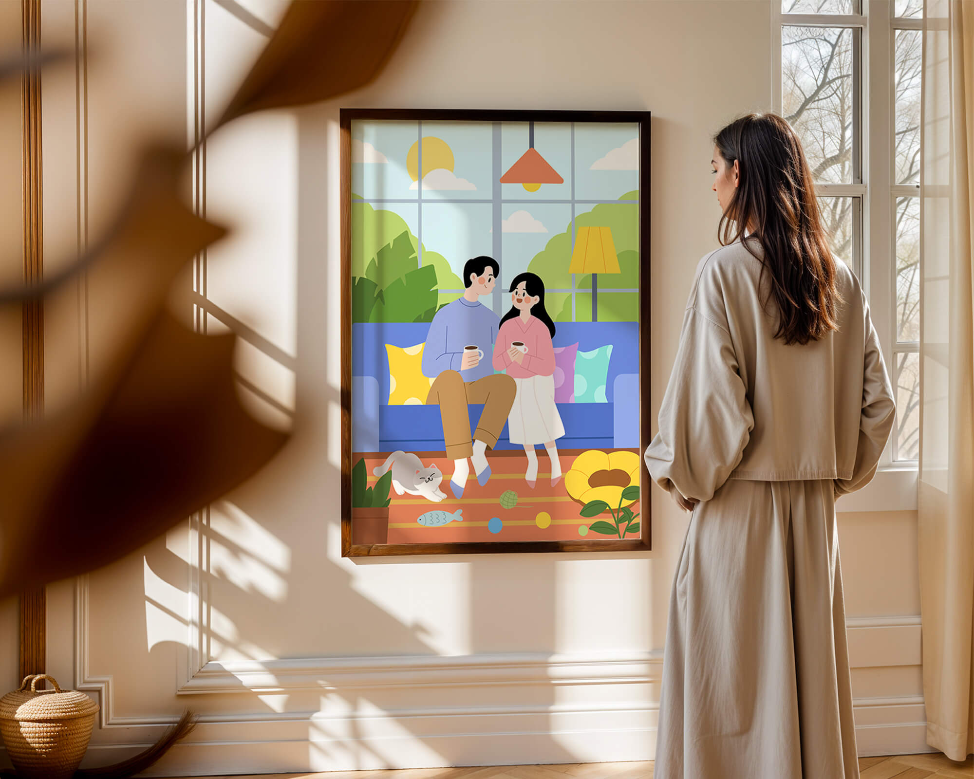 Cozy living room scene with couple and playful cat