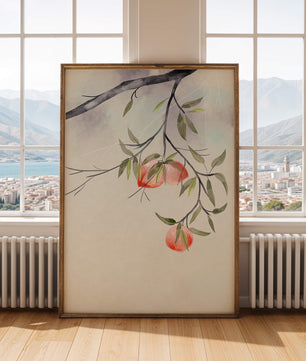 Peaceful Botanical Illustration of Branches with Leaves and Peaches - Mi tienda