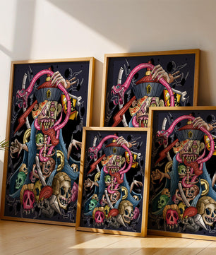 Colorful skeleton with skulls and snake illustration