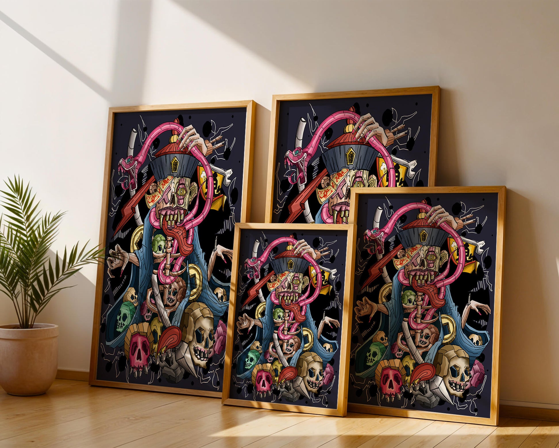 Colorful skeleton with skulls and snake illustration