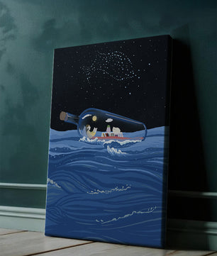 Surreal illustration of a bottle on the ocean with a starry night sky