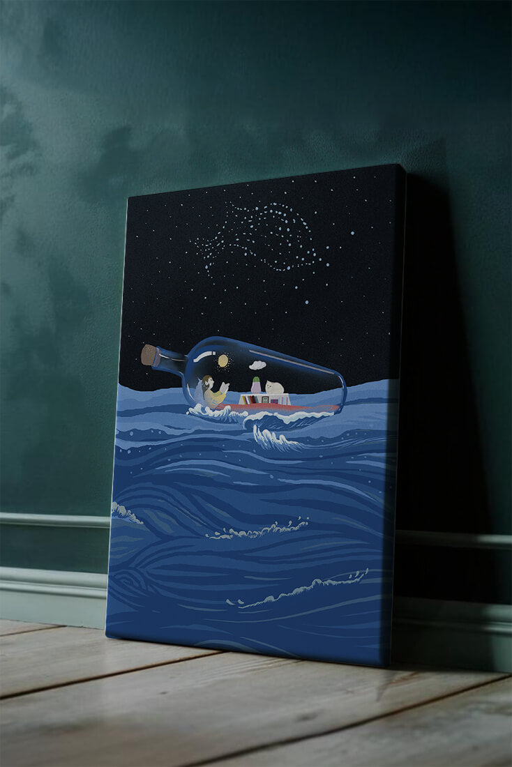 Surreal illustration of a bottle on the ocean with a starry night sky